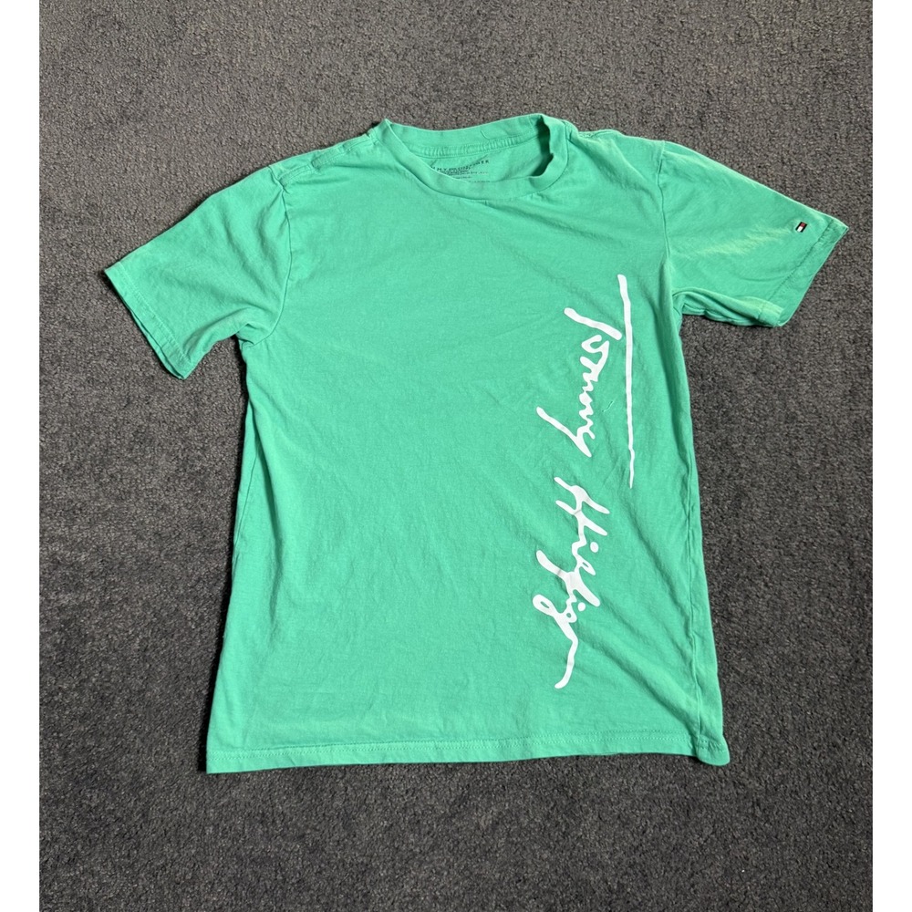 Tommy Hilfiger Boys Green Graphic Script Logo T-Shirt Size L 16/18 TBSFB6F-359